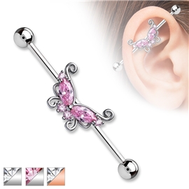 Industrial piercing s motýlek a kamínky PIN00054