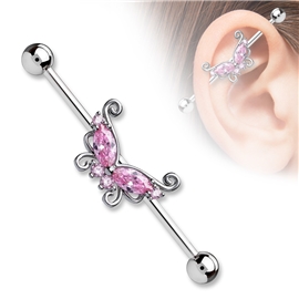 Industrial piercing s motýlek a kamínky PIN00054