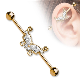 Industrial piercing s motýlek a kamínky PIN00054